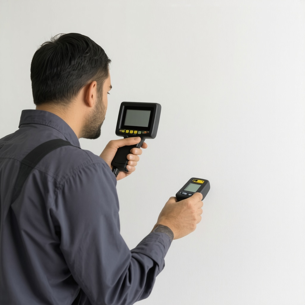 Drywall contractor inspecting wall with digital moisture meter in New Tampa home