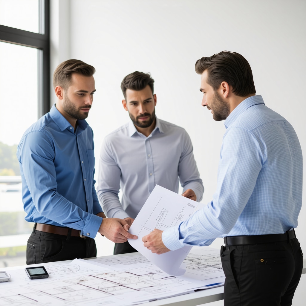 Contractor and homeowner reviewing blueprints in an office setting.