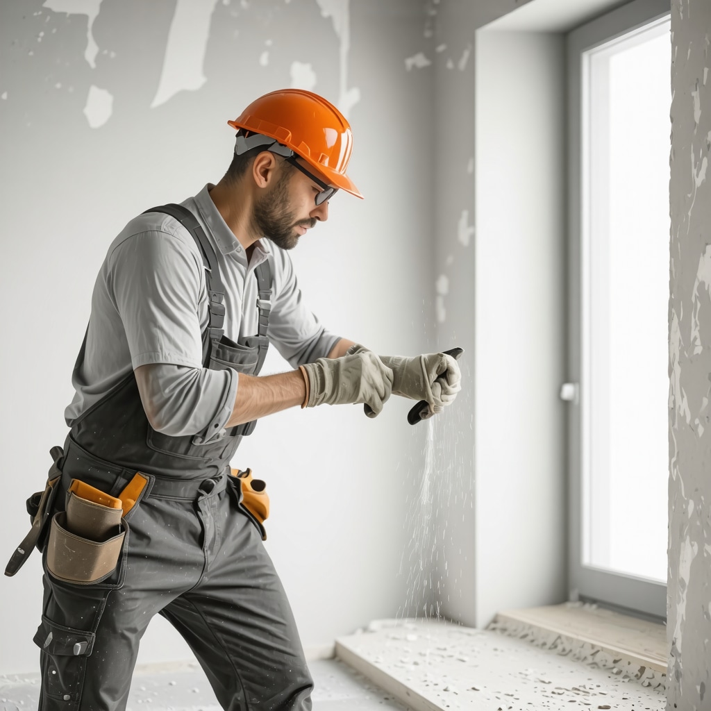 Drywall contractor expertly sanding wall for seamless finish.