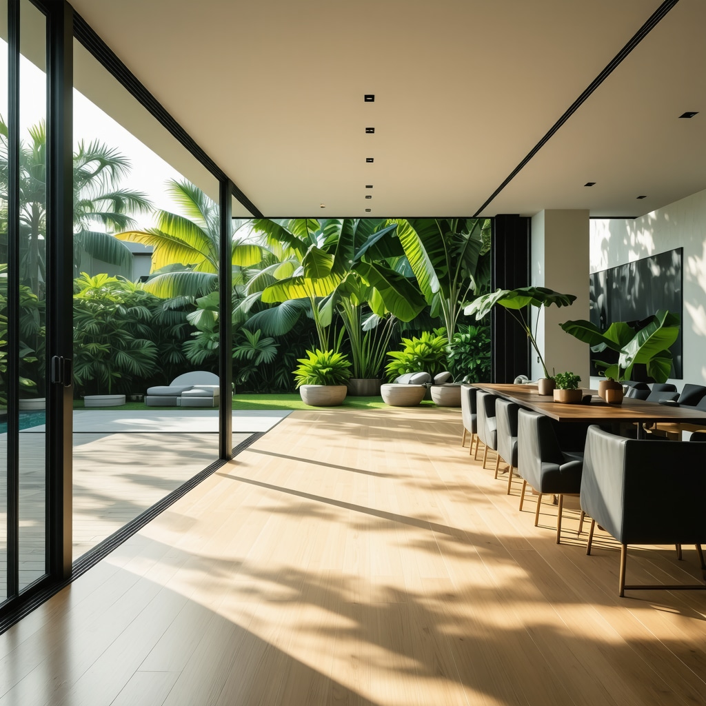 Indoor luxury vinyl plank flooring transitioning seamlessly to outdoor tile in a Tampa home
