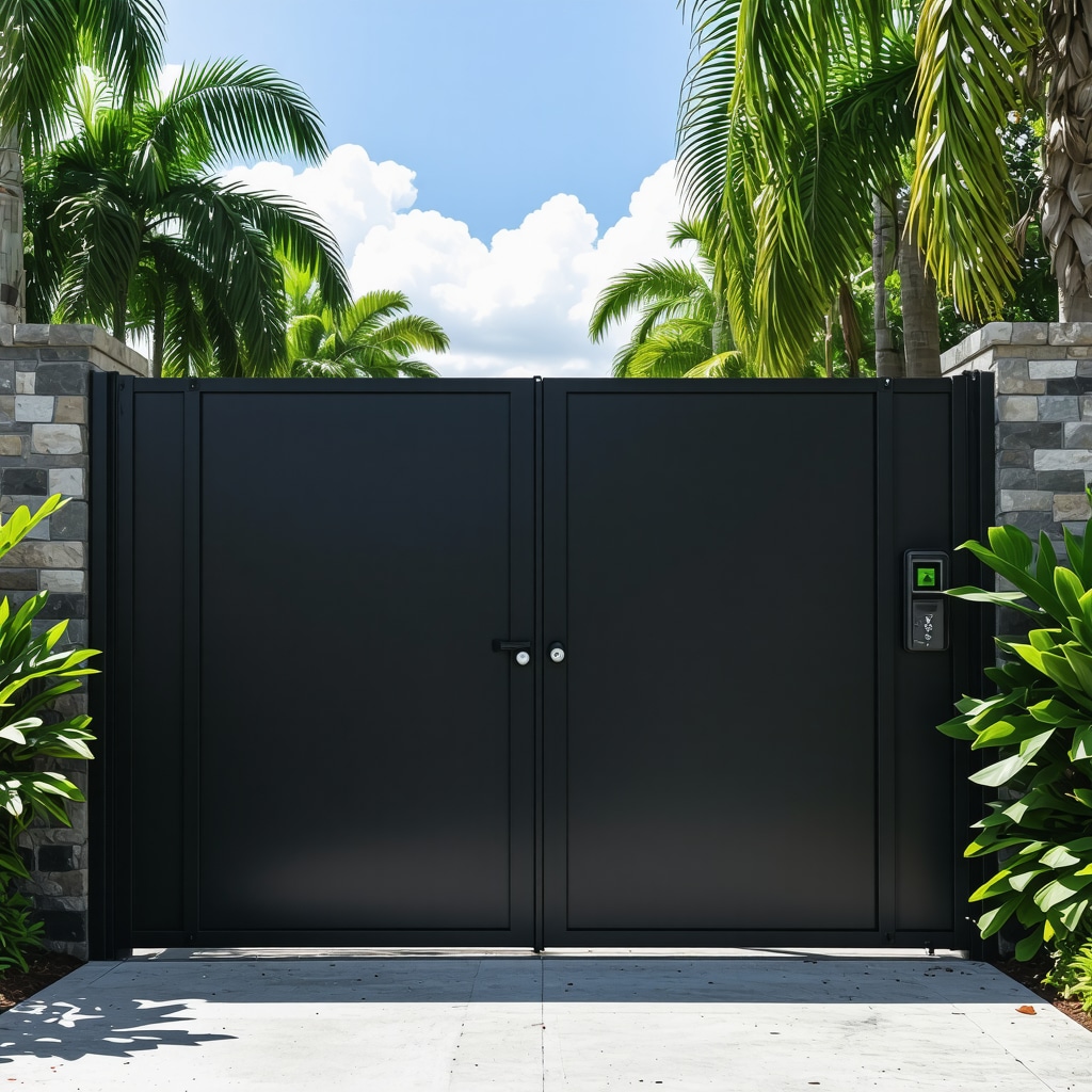 Close-up of a high-tech automated gate with control panel in Tampa