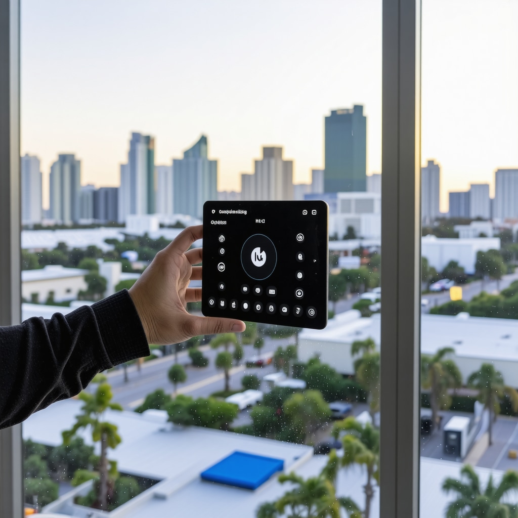 Close-up of a smart glass window controlling light with Tampa cityscape in background
