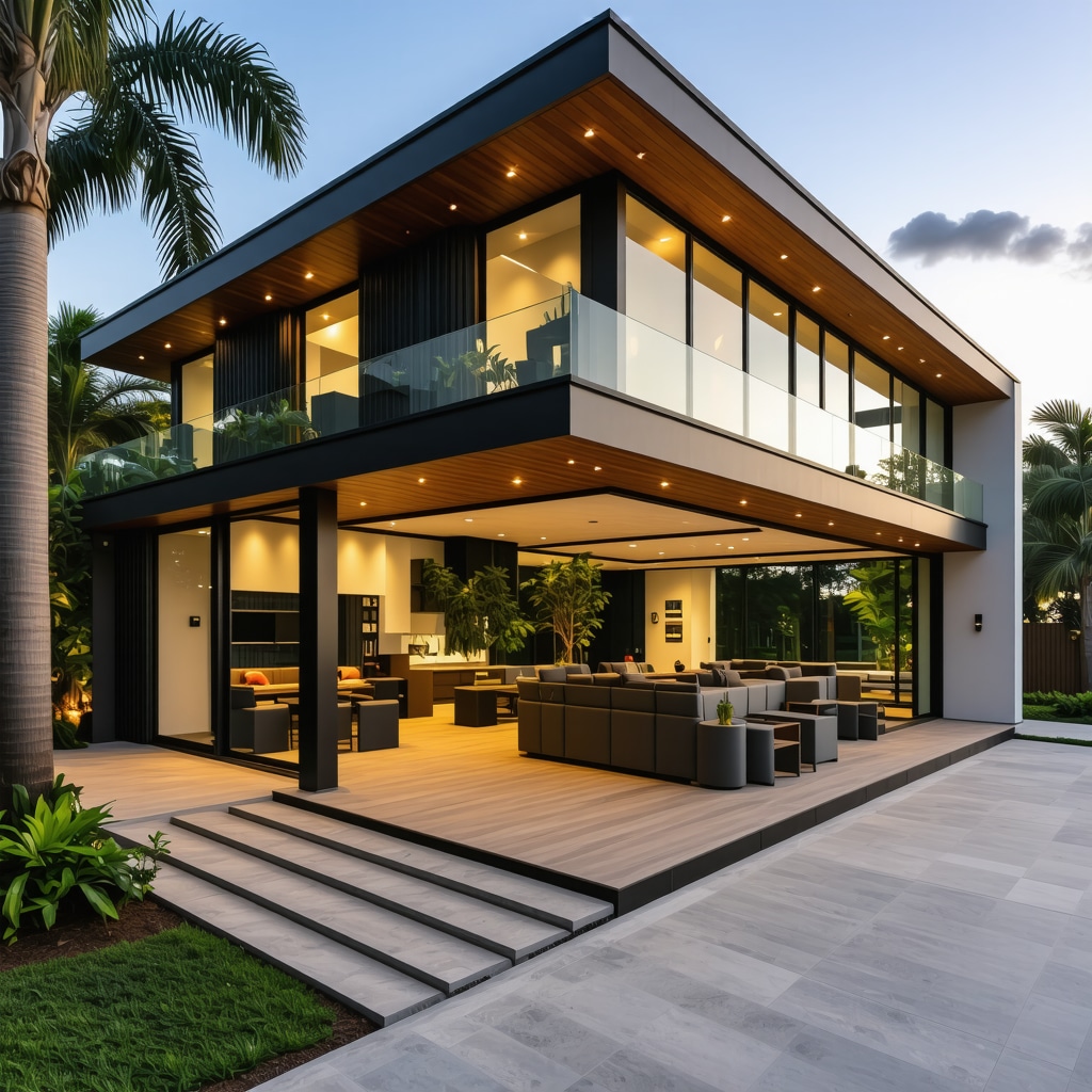 A digitally rendered image of a Tampa house undergoing renovation with visible smart home features and green building elements.