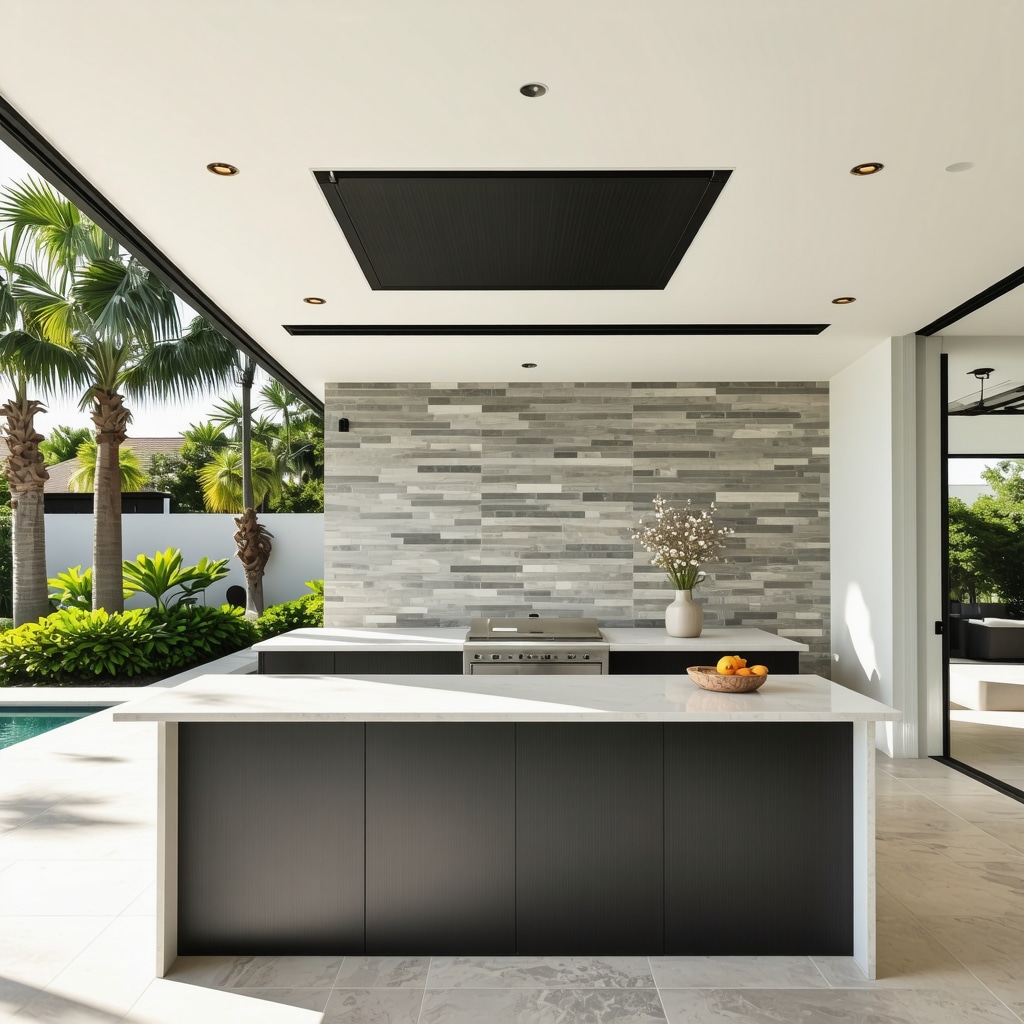 High-tech outdoor kitchen with solar panels, storm shutters, and eco-friendly features