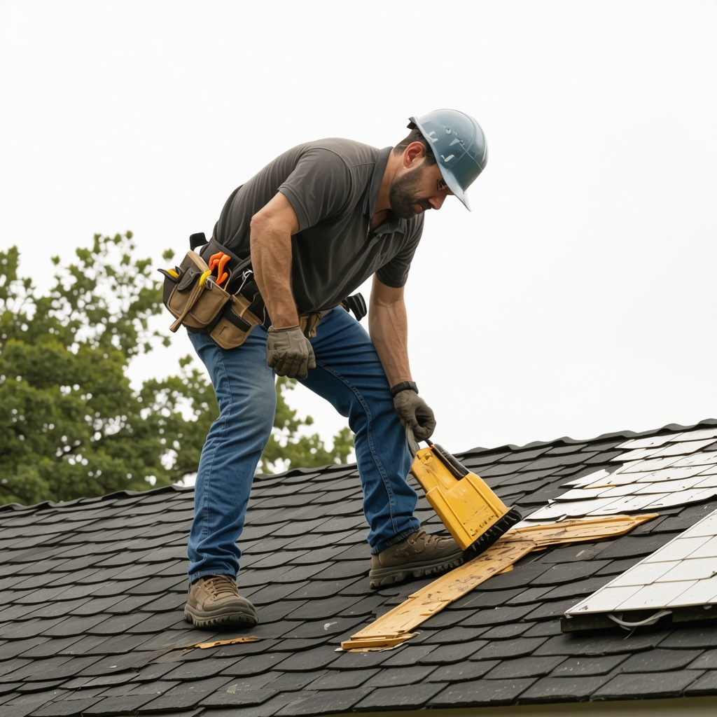 Contractor assessing storm damage to roof in Tampa