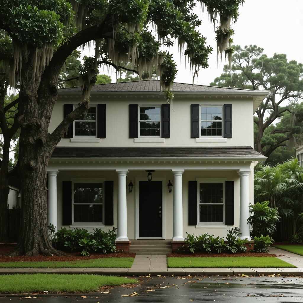 Fortified Tampa home with impact-resistant windows and storm shutters during storm simulation.
