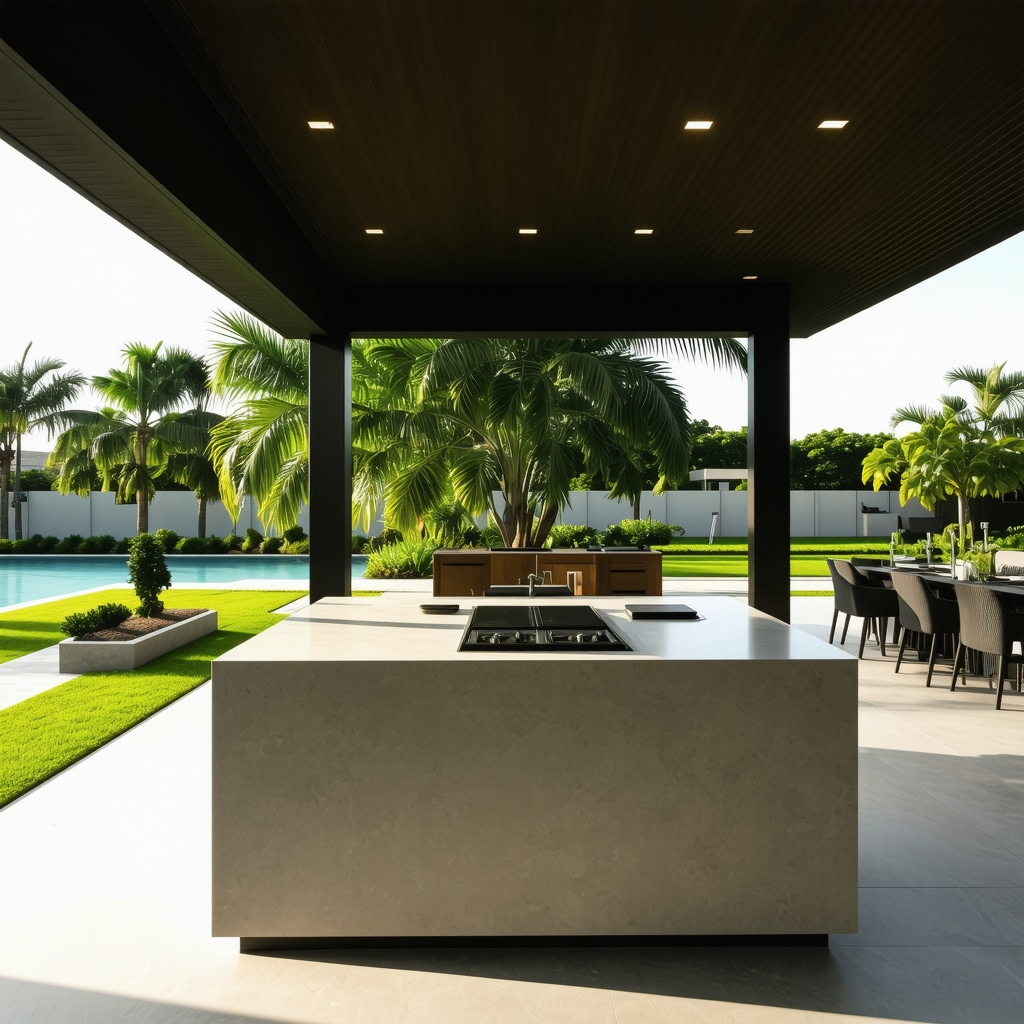 Modern outdoor kitchen with solar lighting and storm-resistant features in Tampa