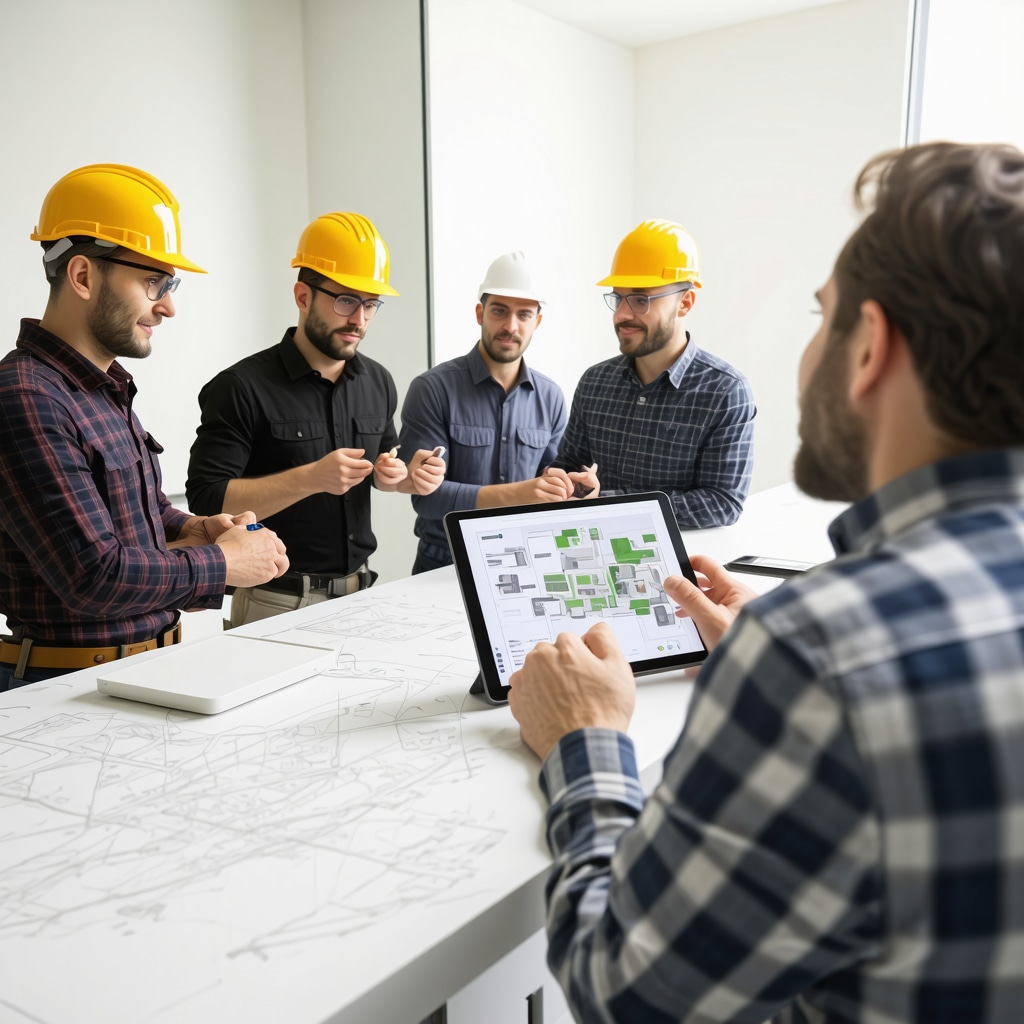 Contractors using 3D BIM modeling on tablet during Tampa bathroom remodel
