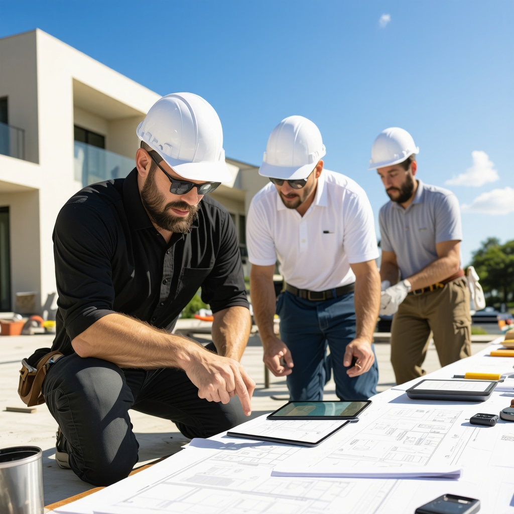 Contractors reviewing plans with digital tablets at a Tampa Bay home renovation site featuring eco-friendly and hurricane-resistant materials