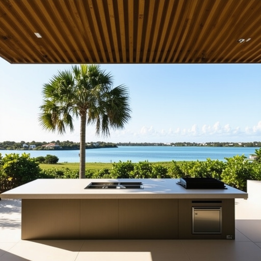Modern outdoor kitchen with durable materials in Tampa coastal setting