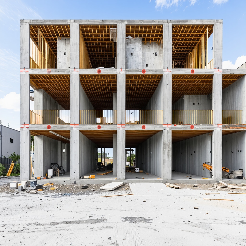 Construction site in Tampa with hurricane-resistant structures and local climate adaptations