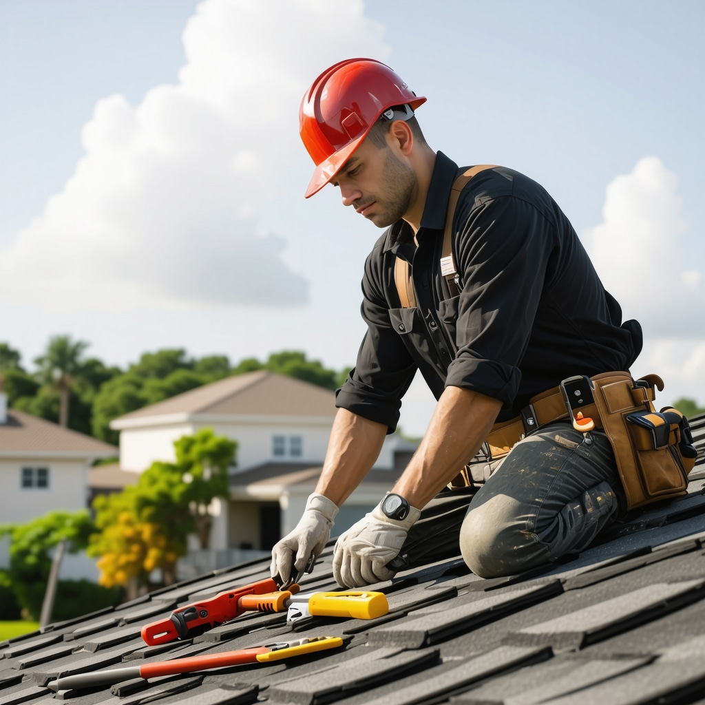Tampa contractor inspecting roof after storm, regional environment, professional, detailed tools