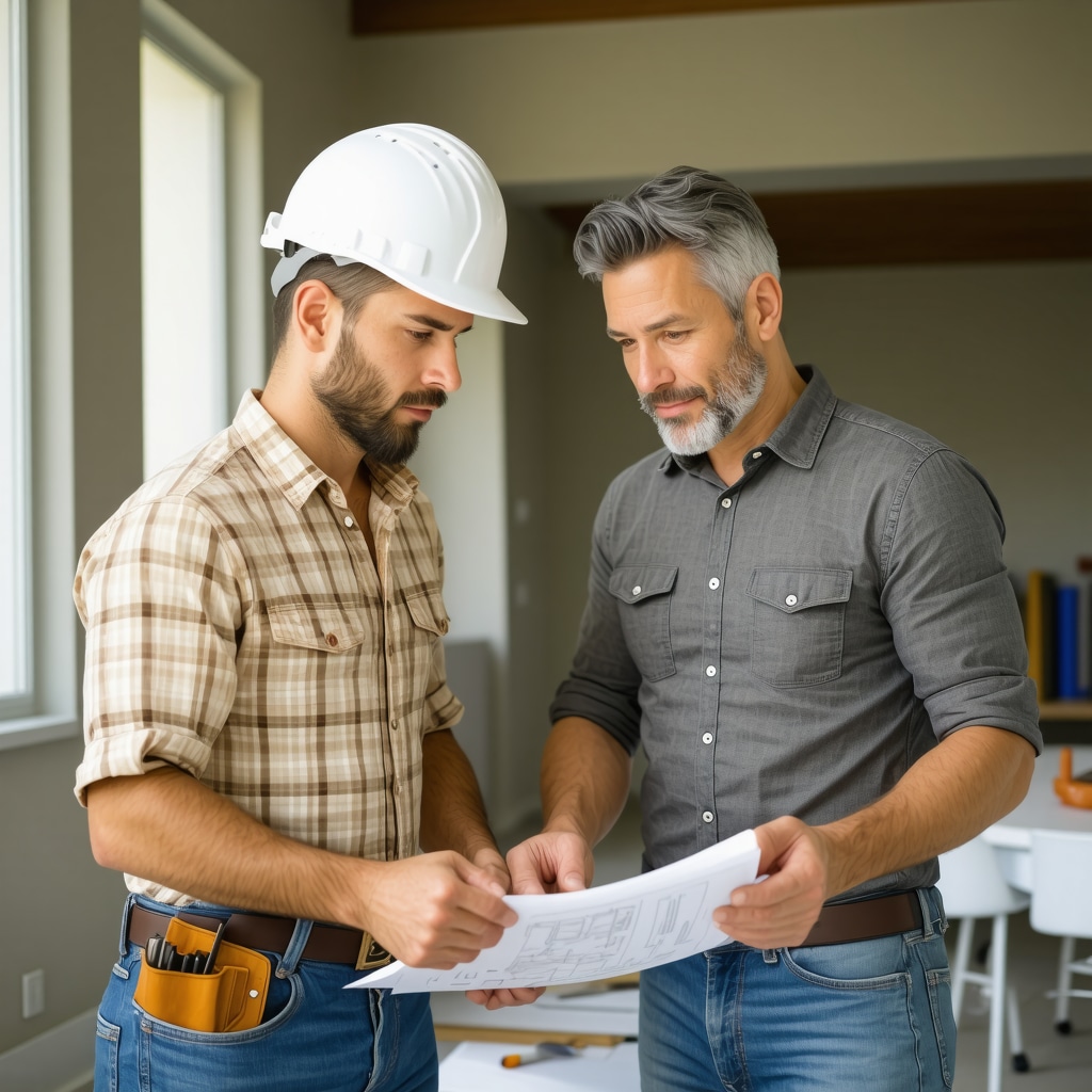 Contractor and homeowner reviewing plans in Tampa for home renovation.