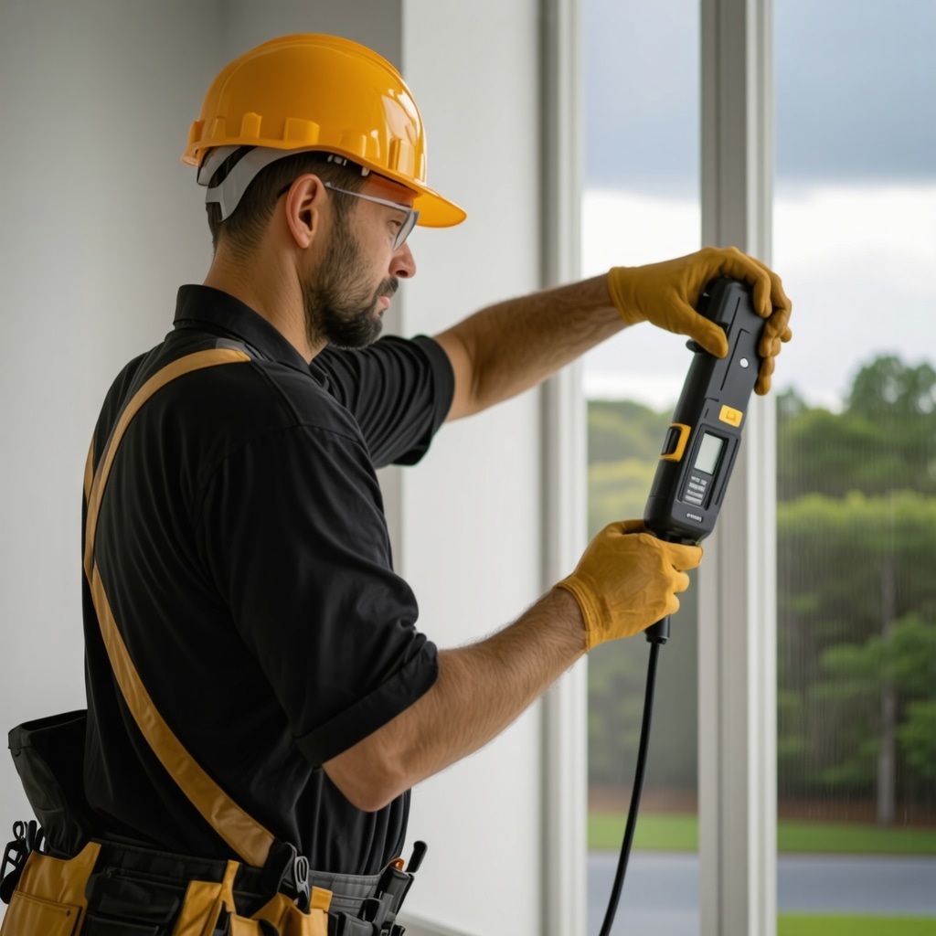 Contractor inspecting hurricane-resistant windows in Tampa using modern tools.