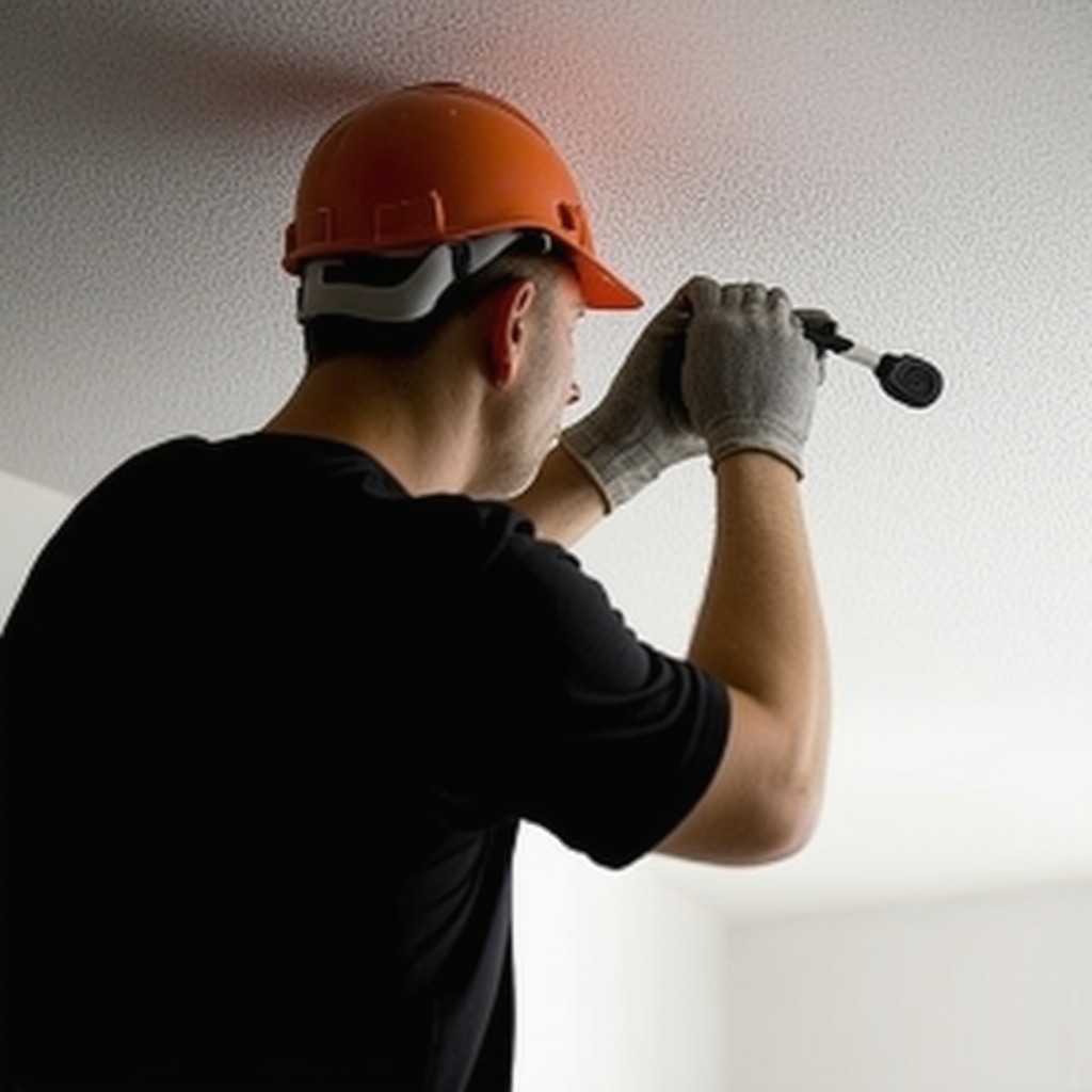 Drywall contractor fixing ceiling water damage with professional tools