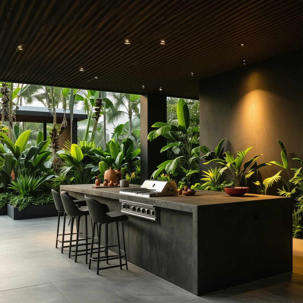 Eco-friendly outdoor kitchen with native plants and ambient lighting in Tampa