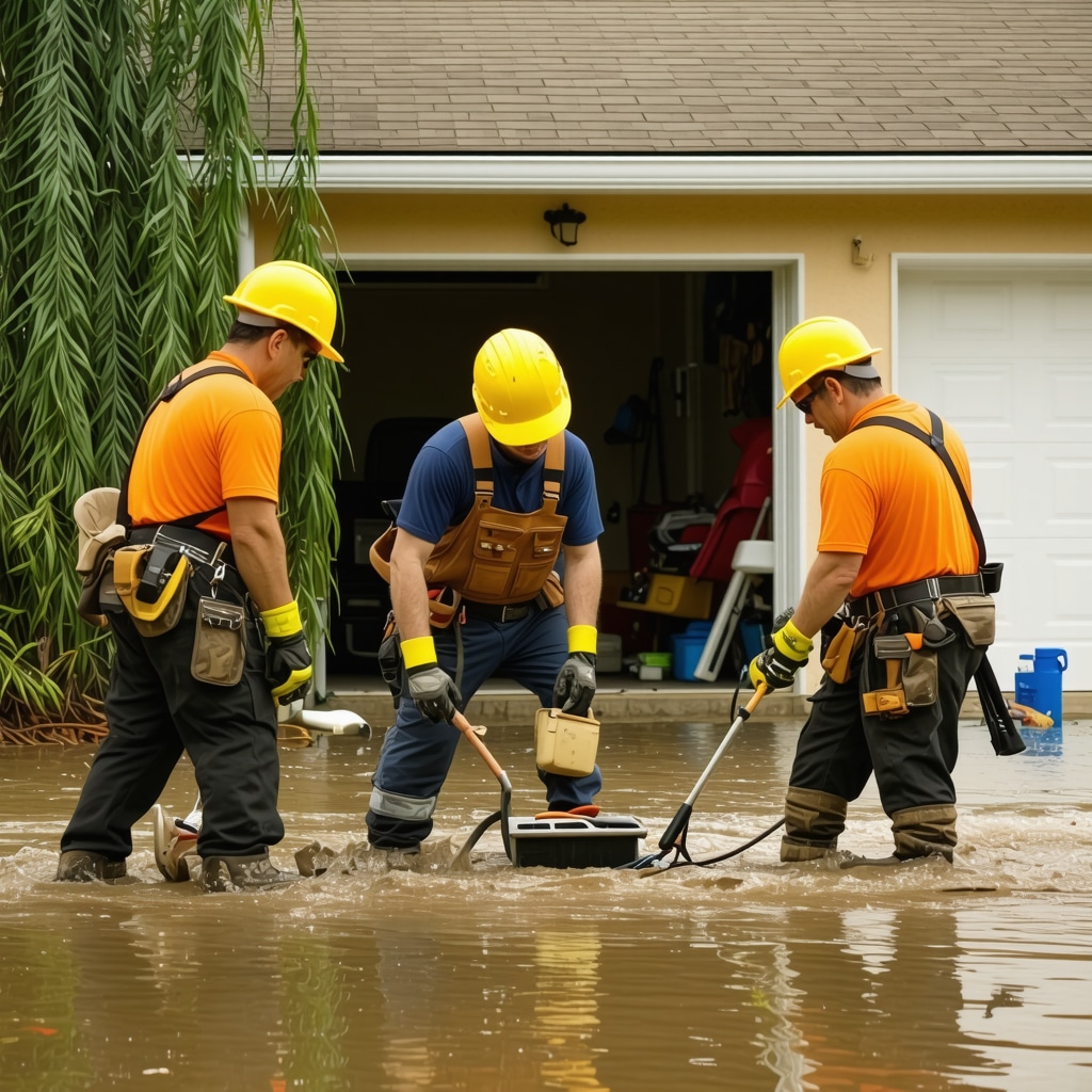 Contractors fixing water damage in Tampa home during emergency repair.