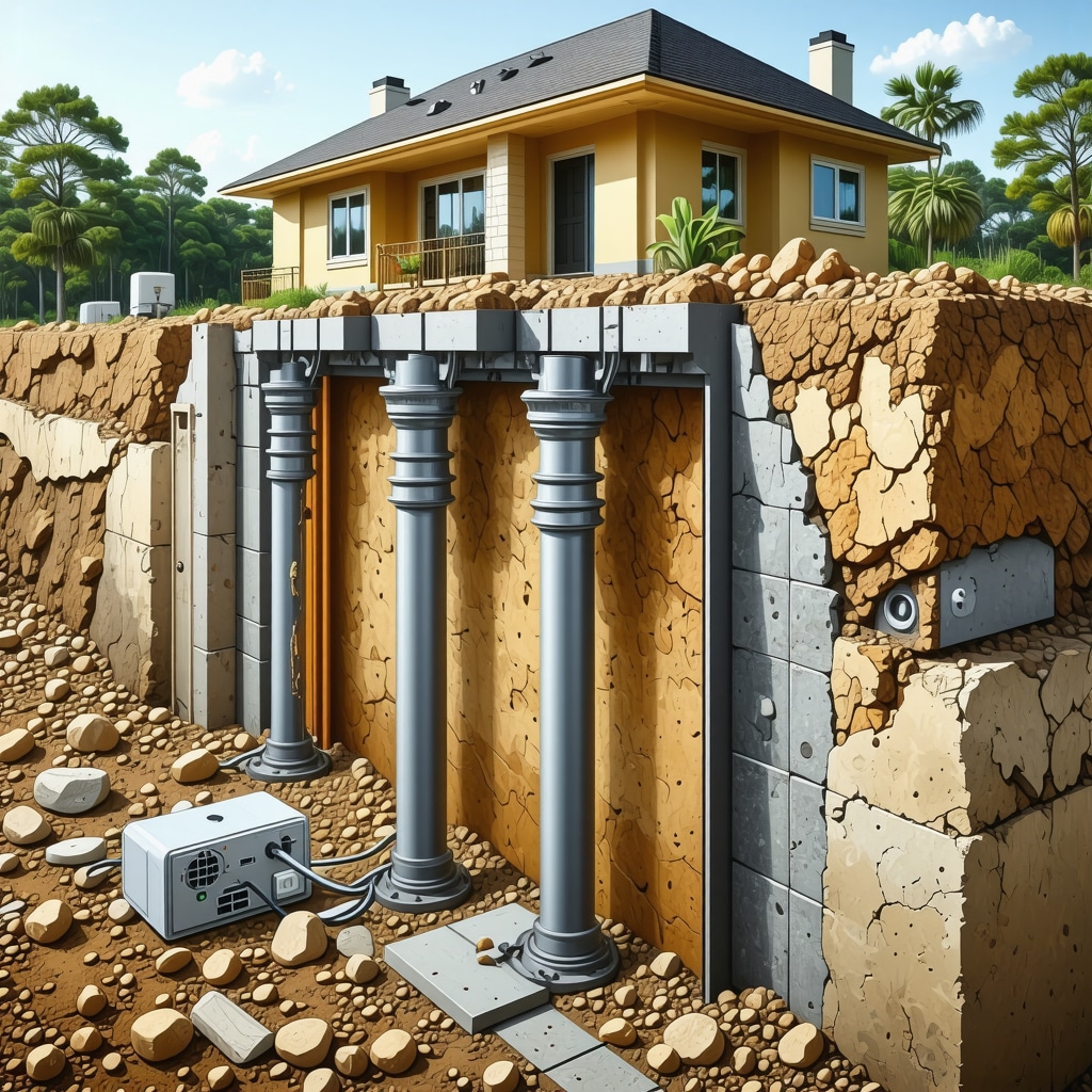 Cross-section of Tampa home foundation with helical piers and embedded moisture sensors in sandy clay soil