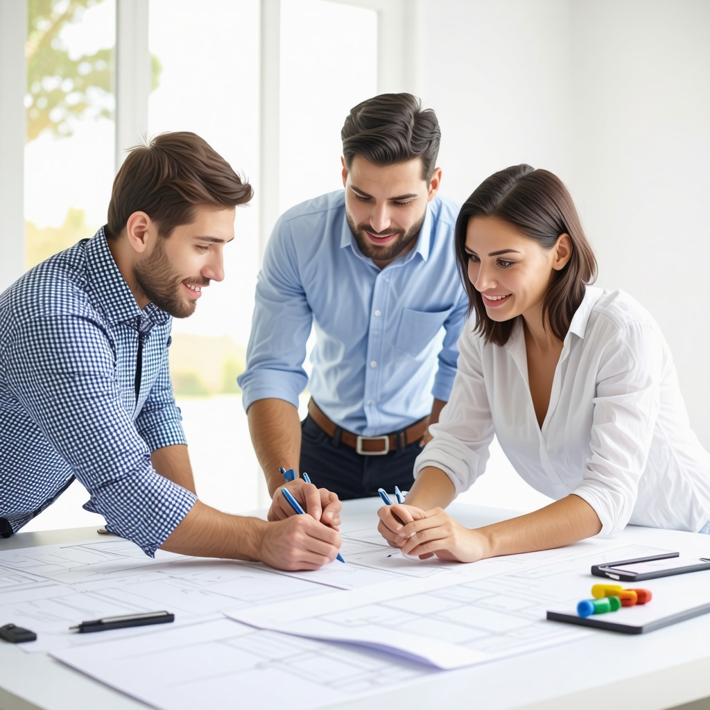 Contractor and homeowner discussing renovation plans with blueprints