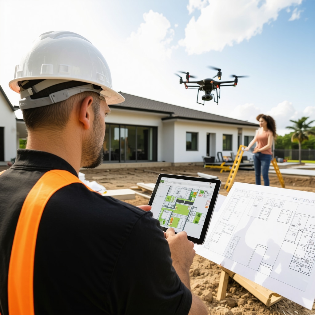 Contractor and homeowner reviewing BIM designs on a tablet with drones surveying a Tampa home renovation site