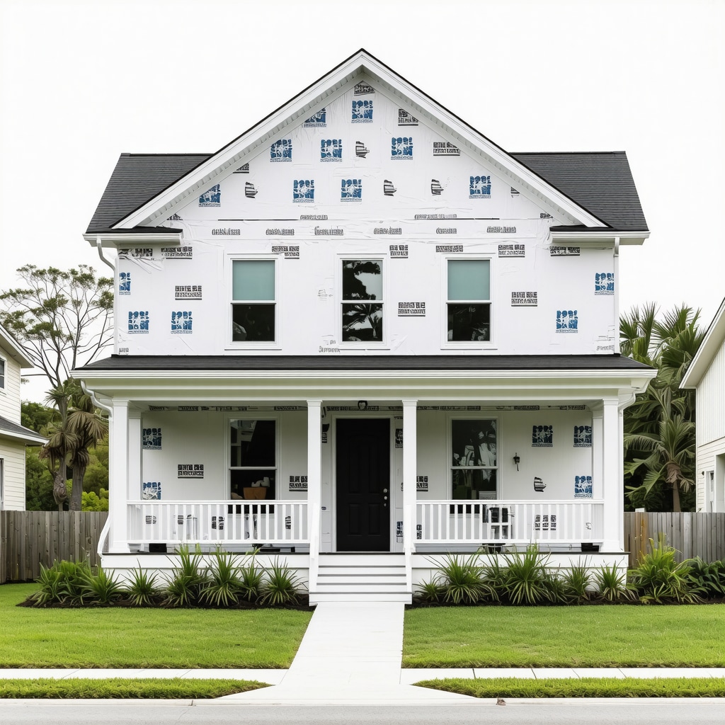 A Tampa house with new siding and insulation during renovation for storm resilience.