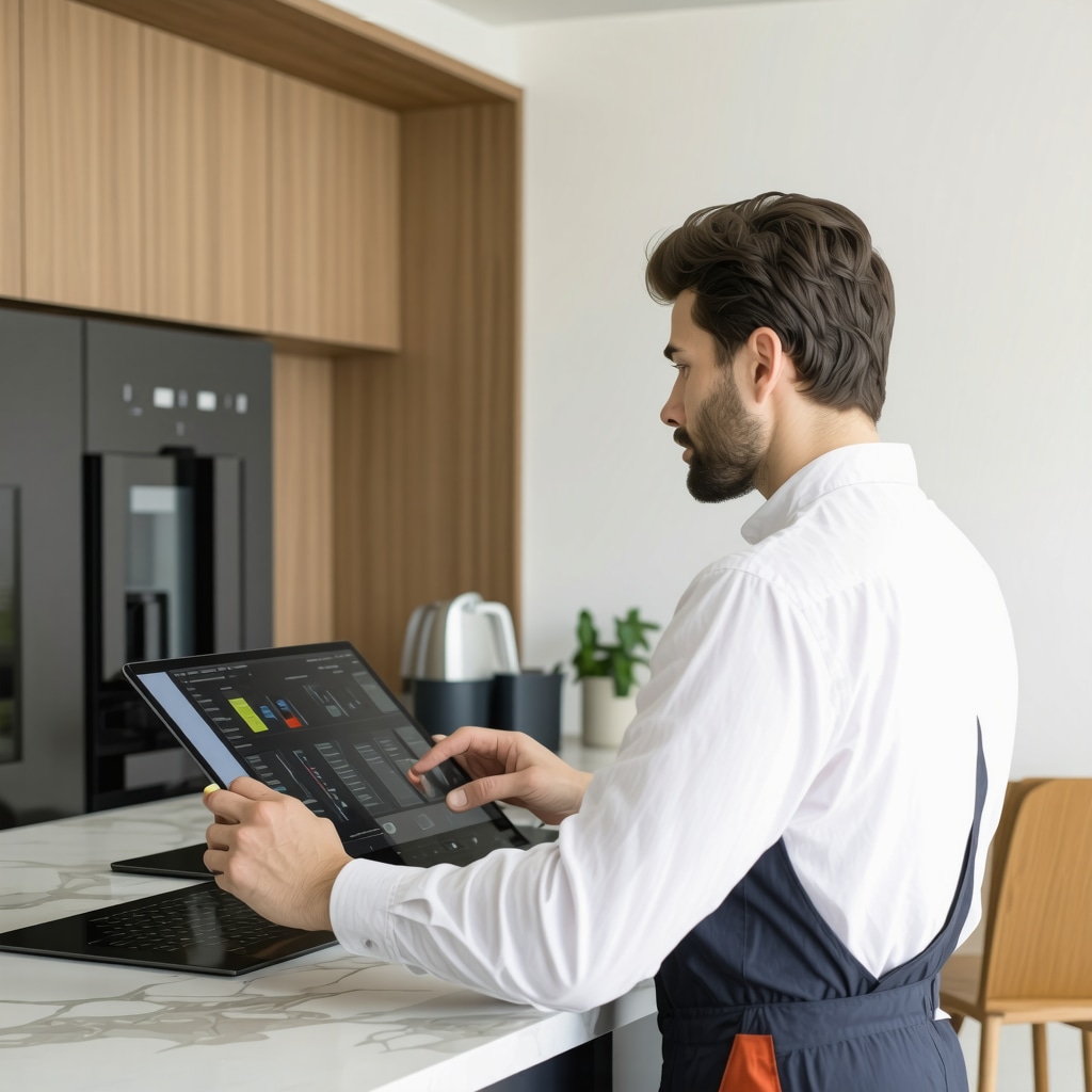 Tampa kitchen contractor reviewing a modern kitchen design with digital tools.