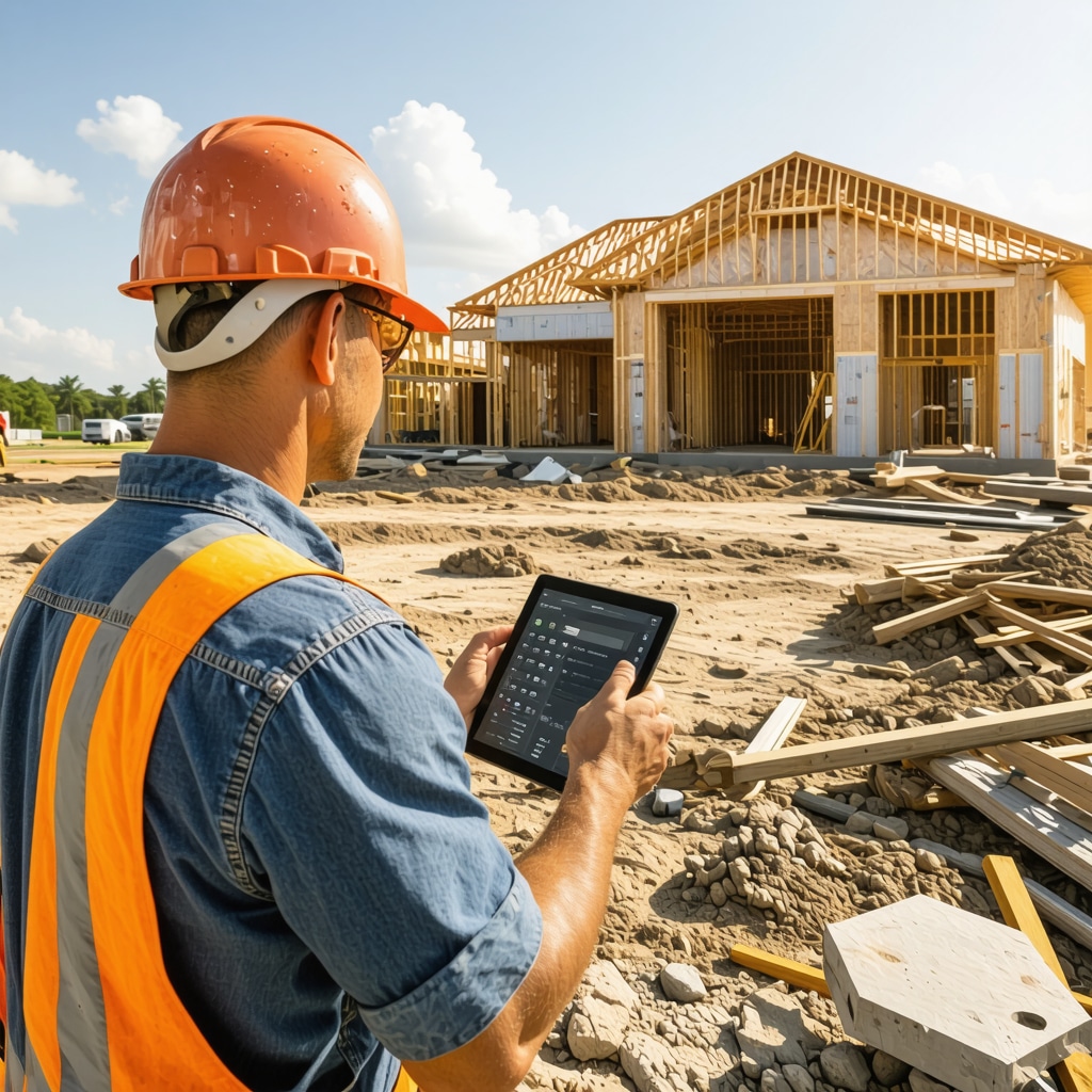 Licensed general contractor in Tampa using tablet on site with hurricane-resistant home features