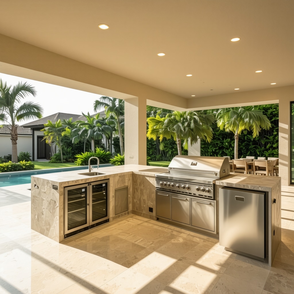 Modern outdoor kitchen with durable materials and stylish lighting in Tampa