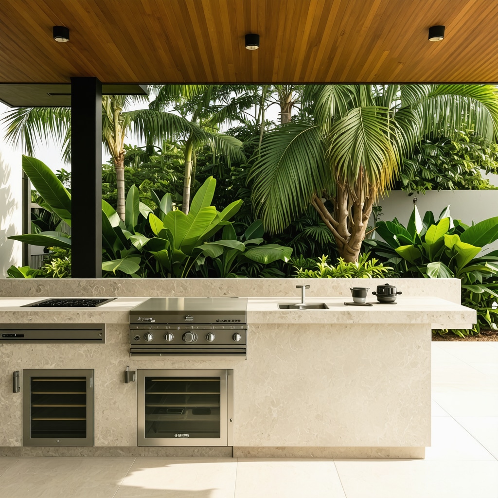 Contemporary outdoor kitchen with smart tech and native Tampa plants