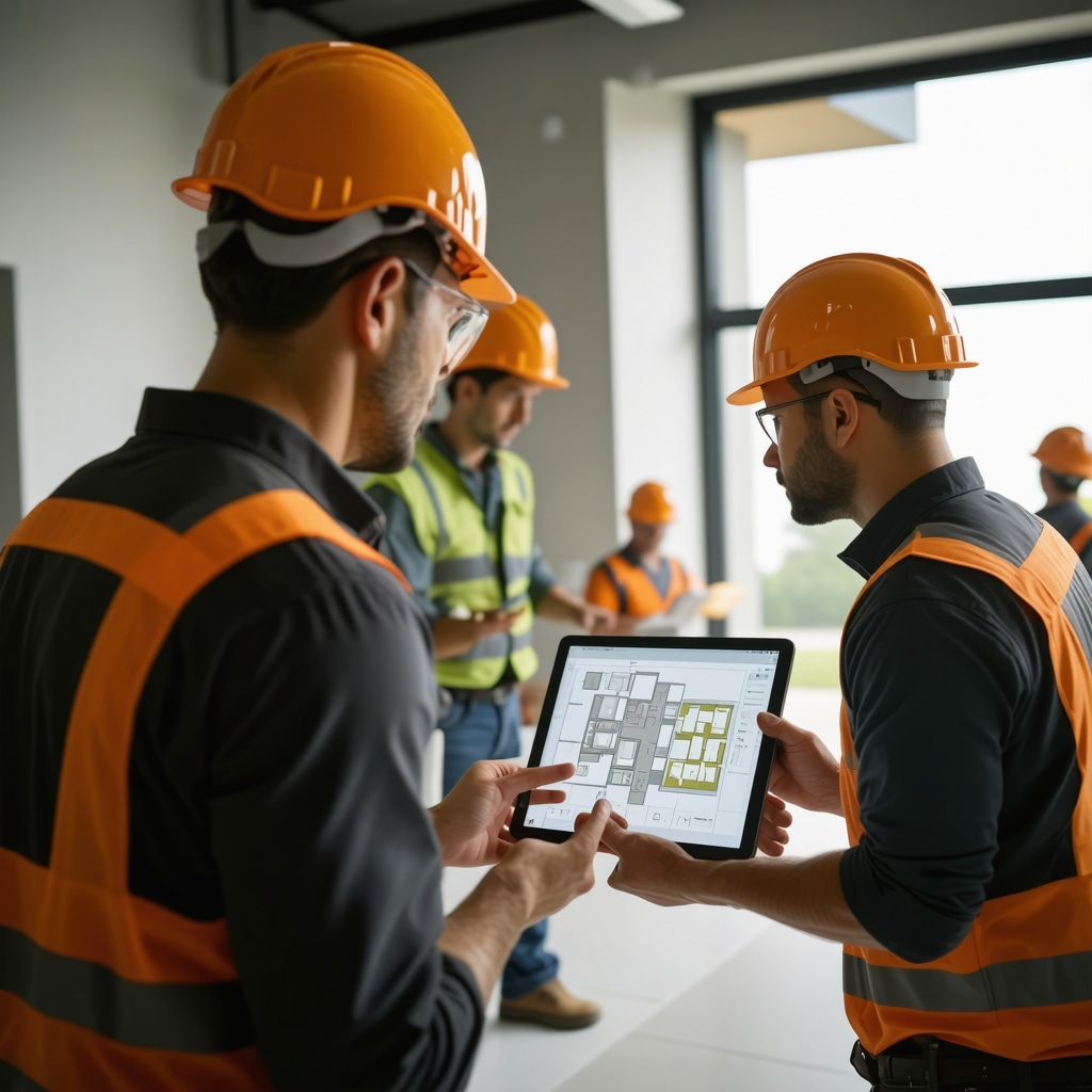Construction workers reviewing digital blueprints for a Tampa home room expansion using sustainable materials and smart technology