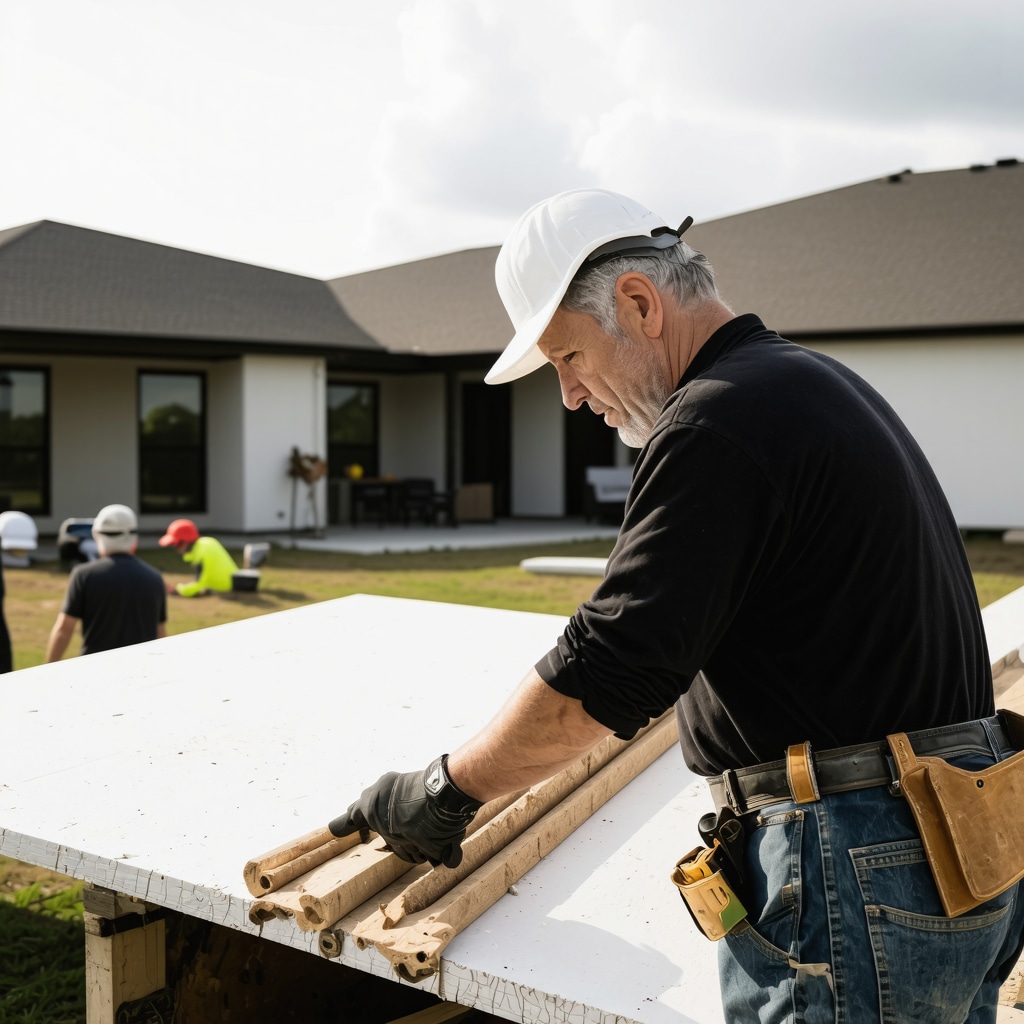 Contractor examining weatherproof materials on a Tampa construction site