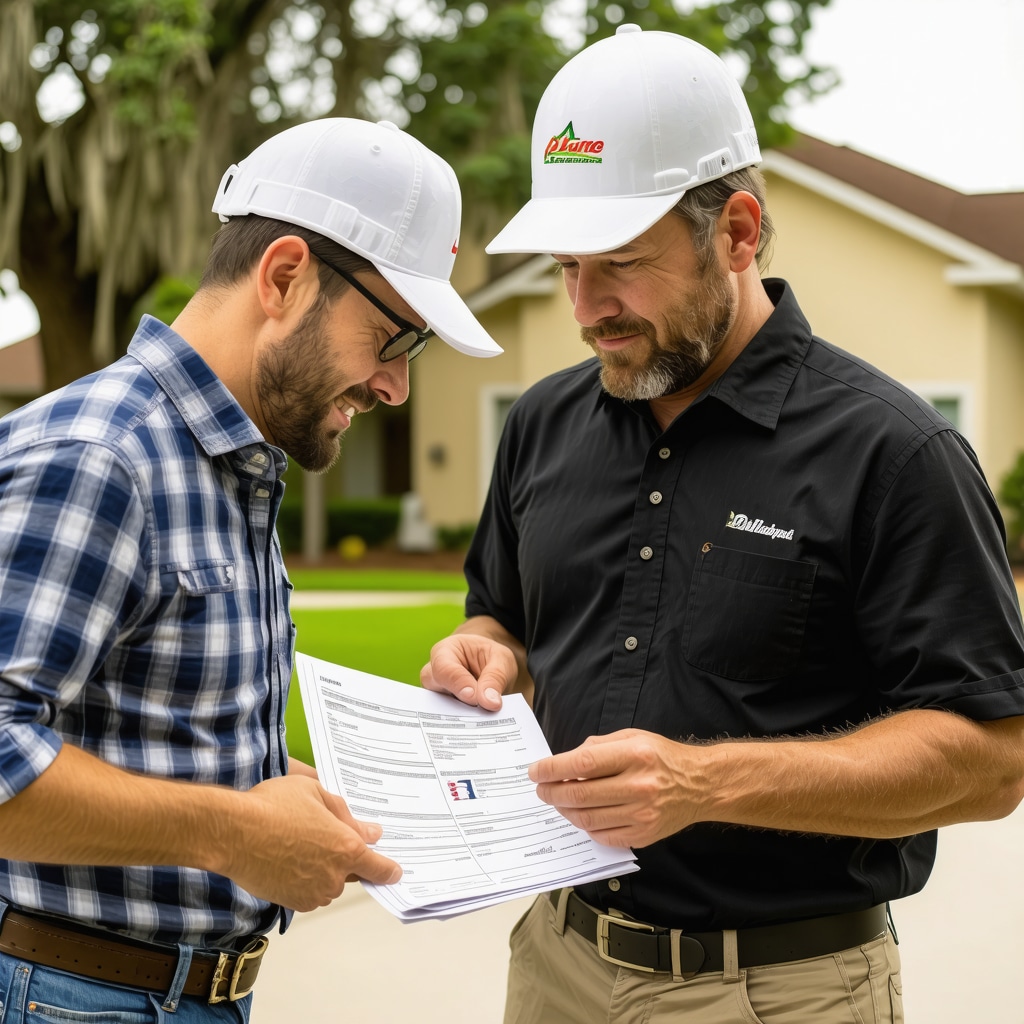 Contractor and homeowner discussing permit paperwork outside in Tampa