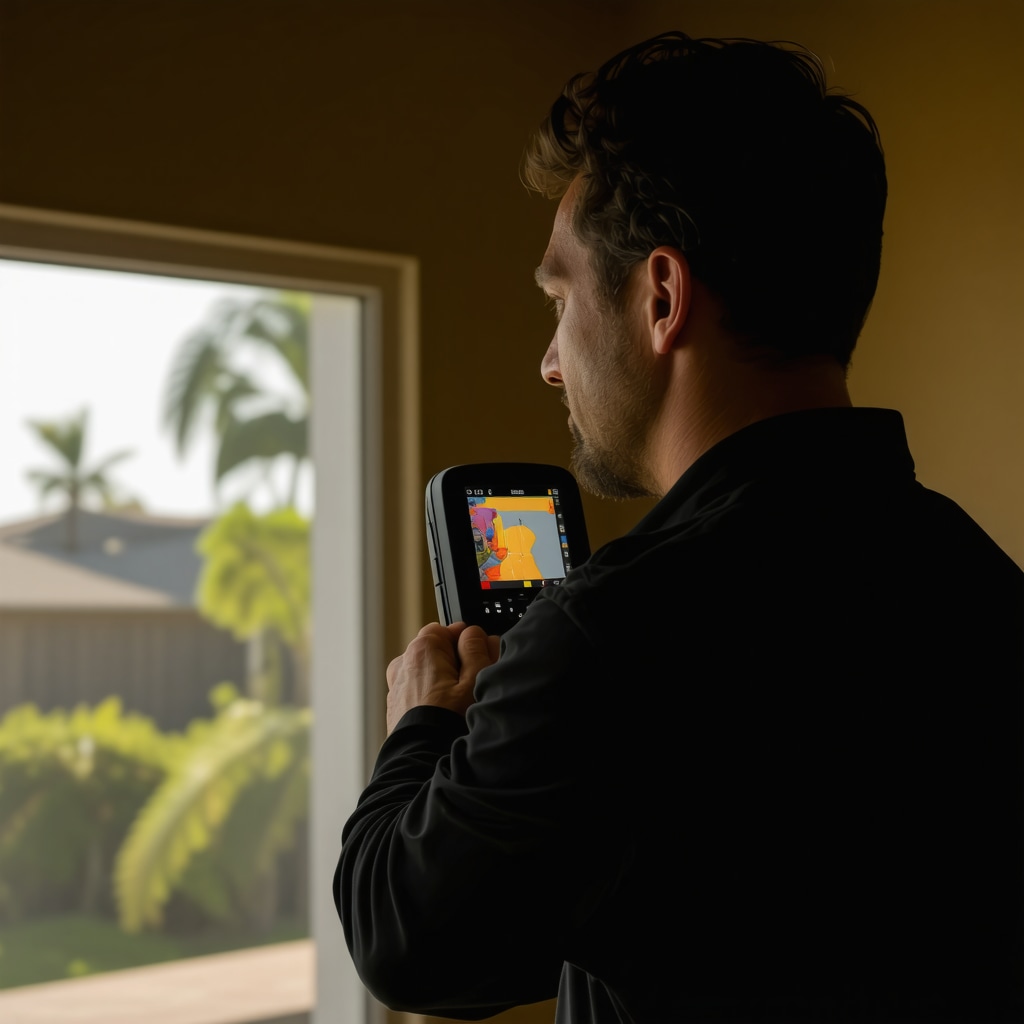 Contractor performing thermal imaging for leak detection in Tampa home during emergency repair.
