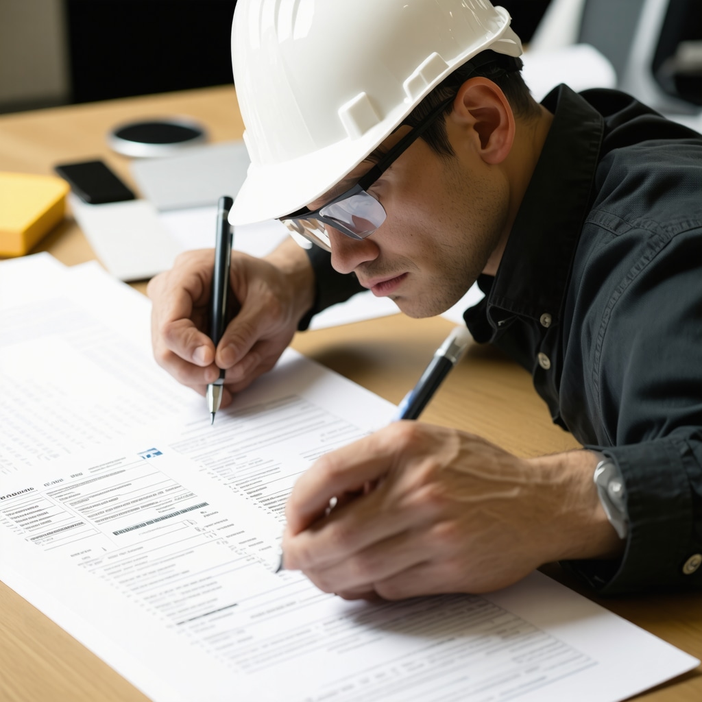 Contractor examining insurance documents to ensure coverage for home renovation.