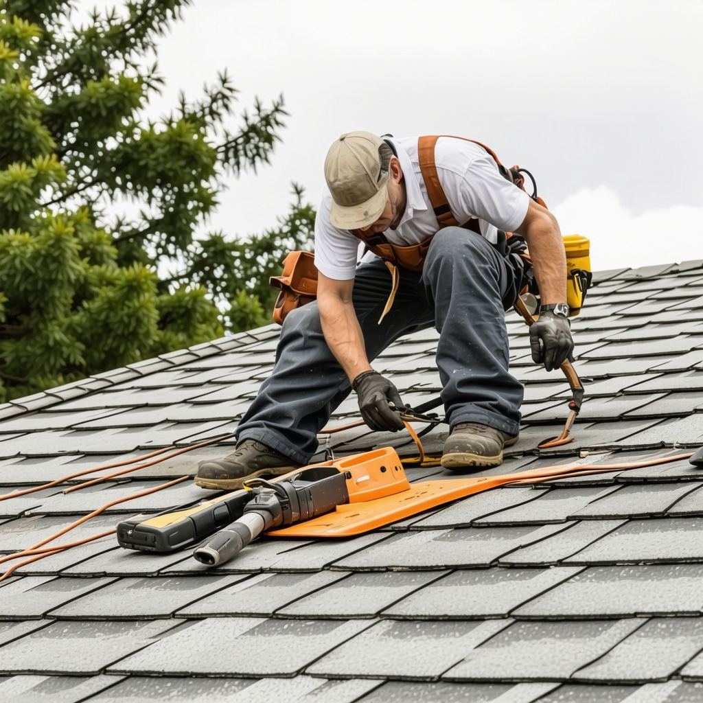 Contractor fixing roof storm damage in Tampa, Florida, showcasing professionalism and safety