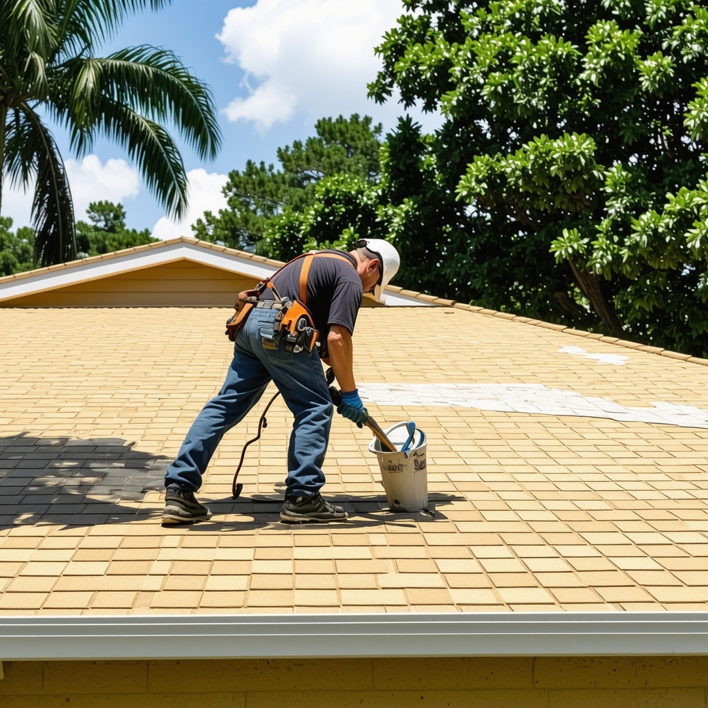 Contractor inspecting a Tampa home after storm damage, emphasizing expertise and trustworthiness