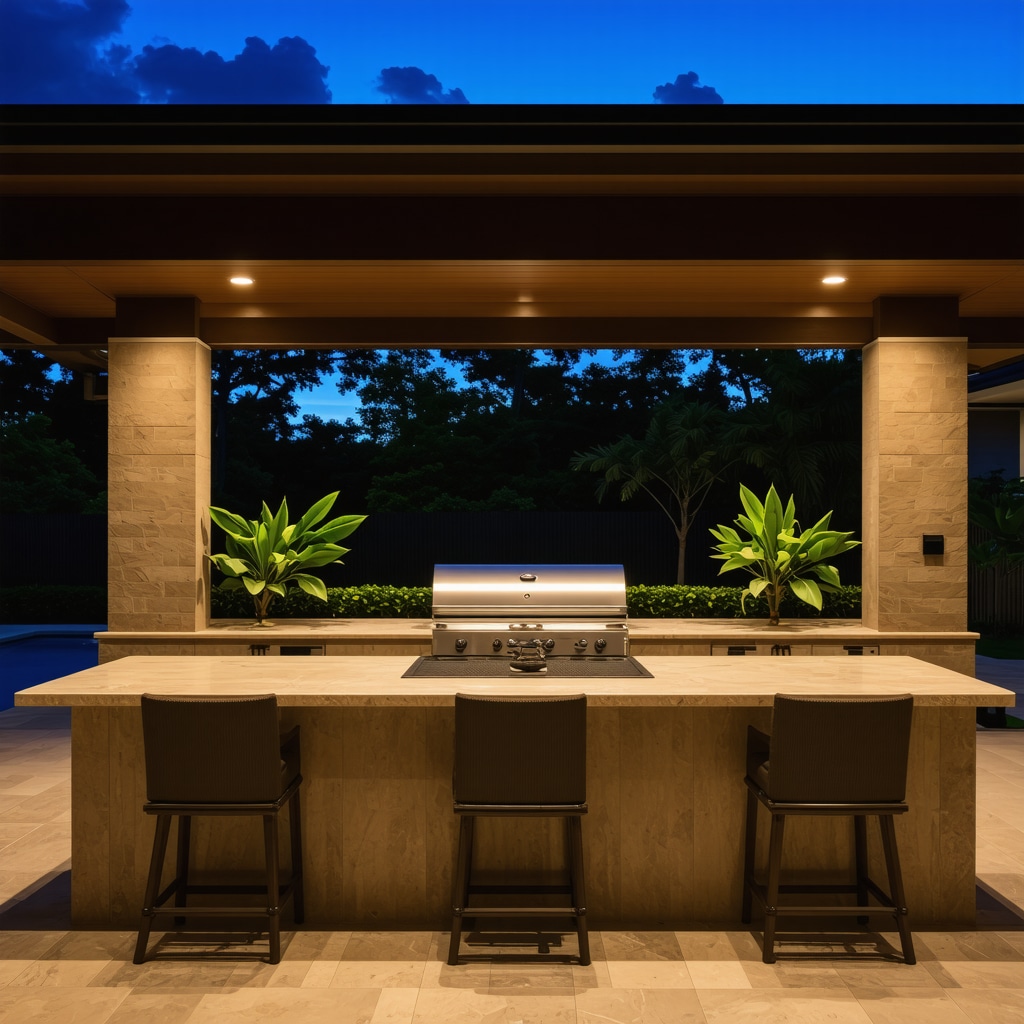 Beautiful outdoor kitchen illuminated at twilight with seating and lush greenery
