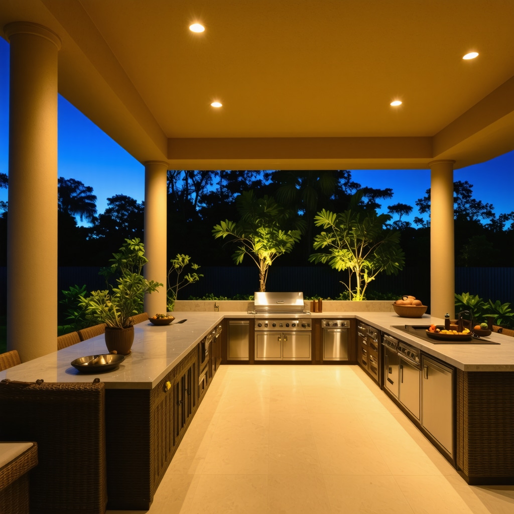 A cozy outdoor kitchen scene at sunset with ambient lighting and lush surroundings