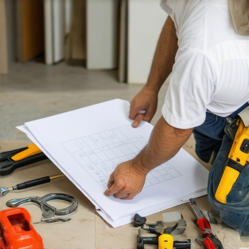 Contractor inspecting a home renovation site in Lutz, FL with tools and blueprints.
