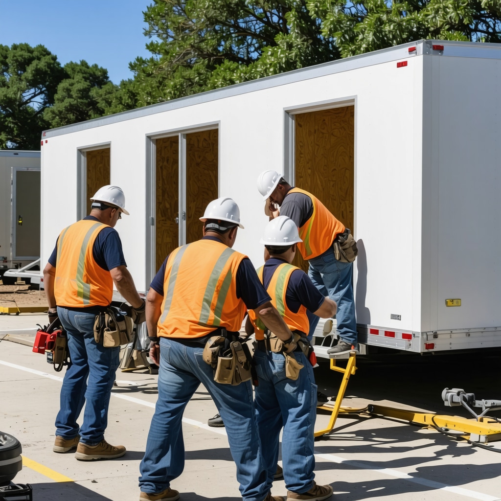 Construction workers assembling prefabricated units in Tampa