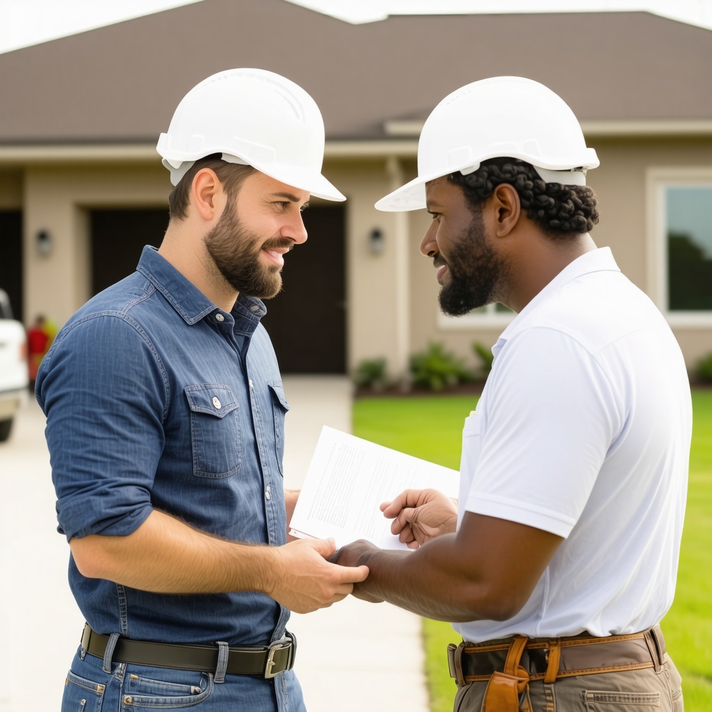 Contractor and homeowner discussing renovation plans in front of Tampa-style house