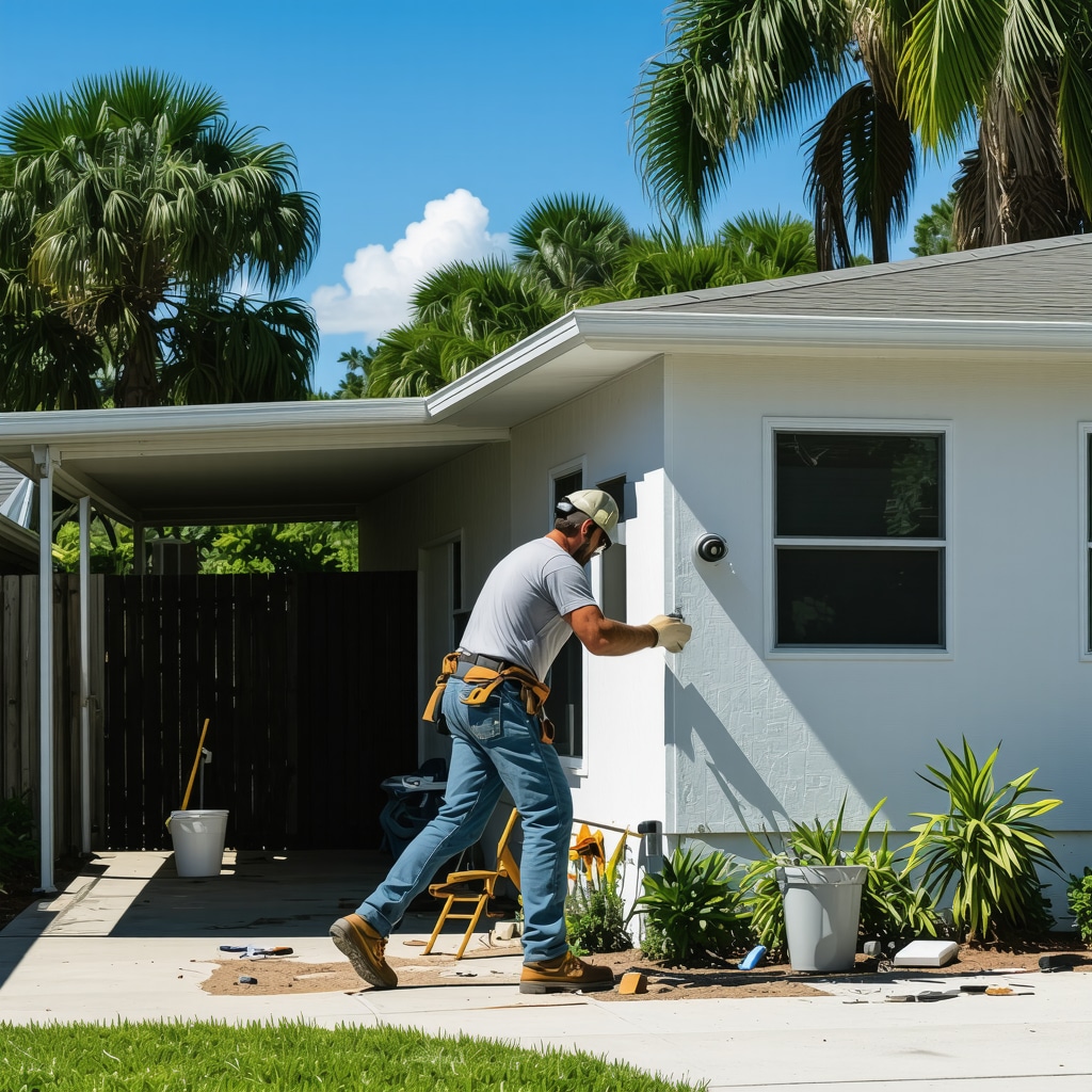 Contractor upgrading Tampa mobile home exterior with tools and materials