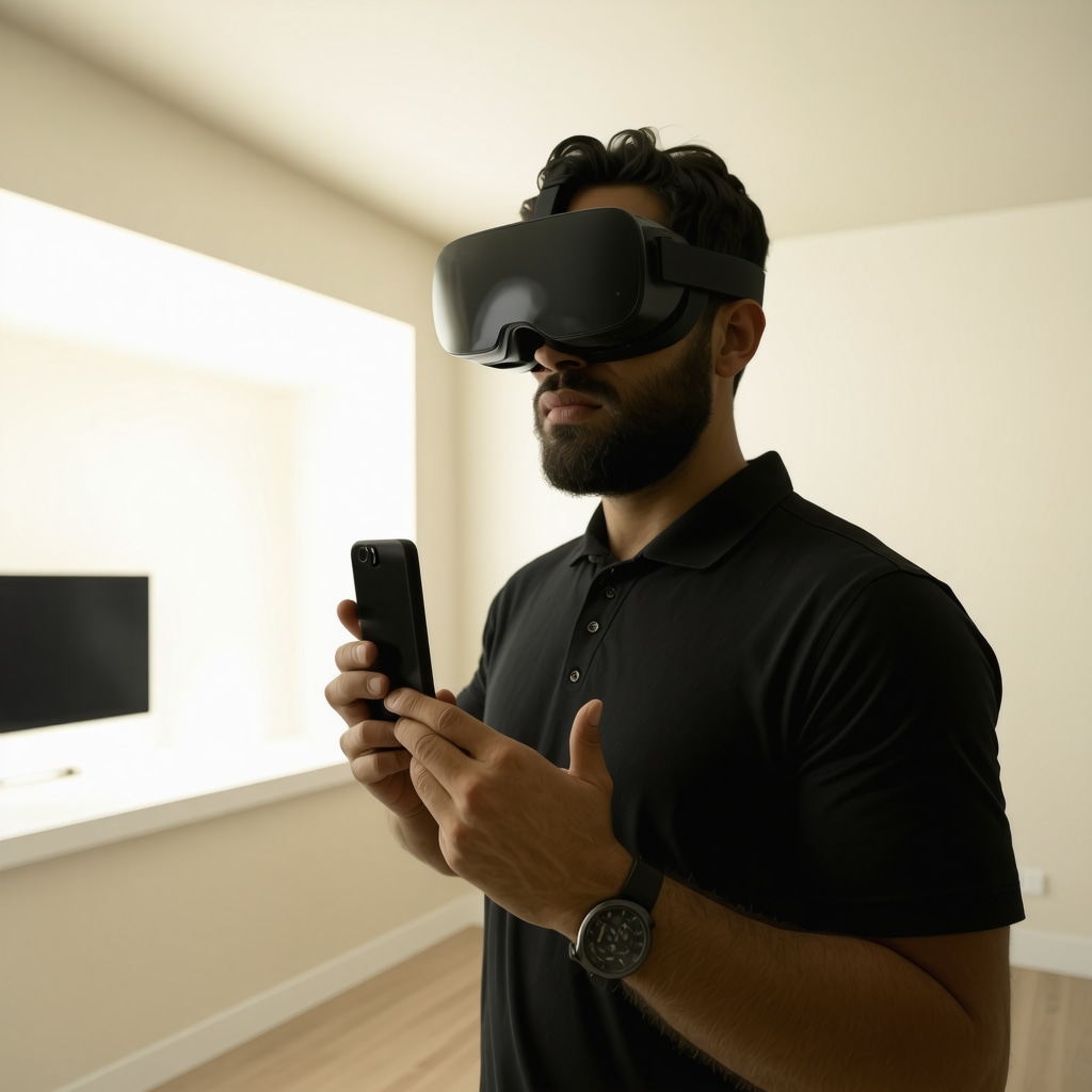 A Tampa contractor demonstrating a 3D virtual model of a home renovation to a homeowner, highlighting technological expertise.